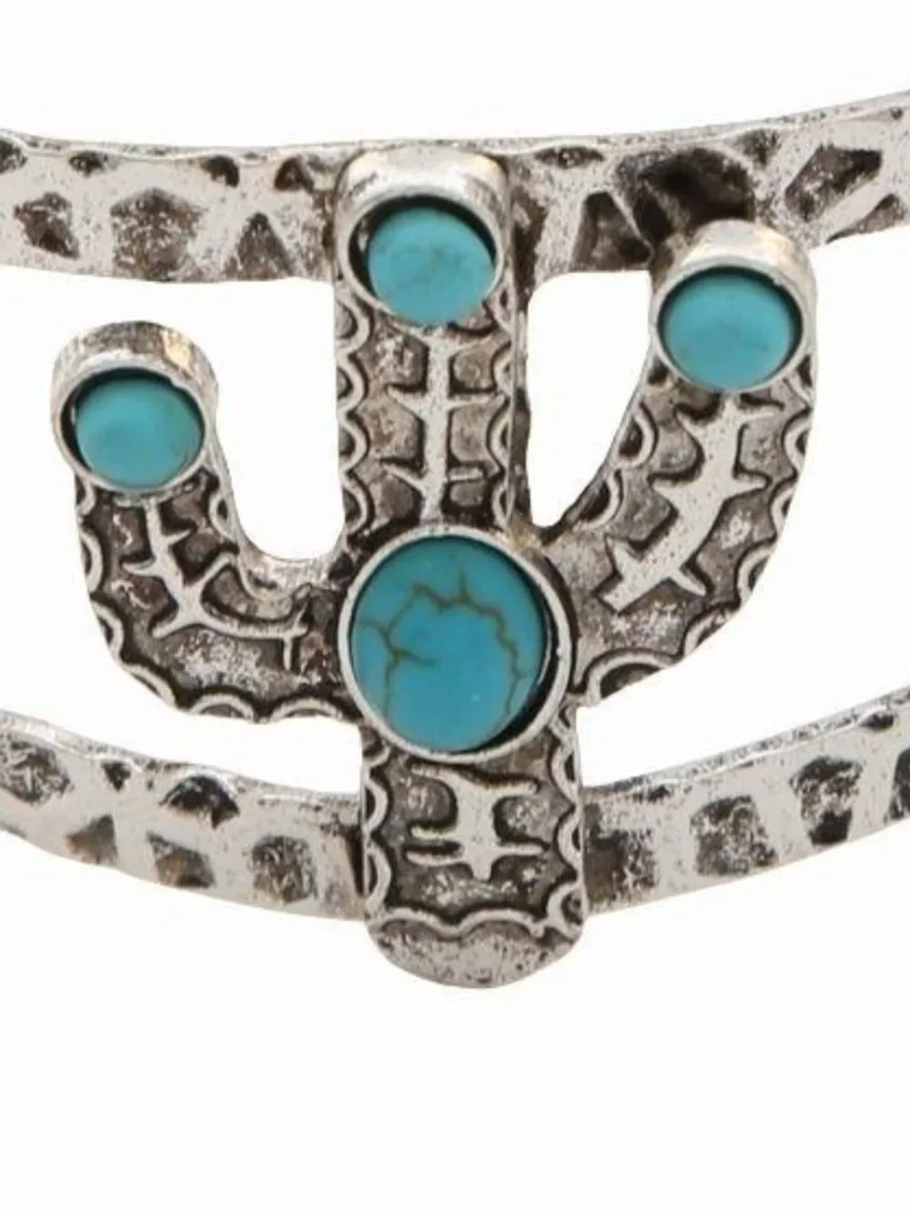 J10 Western Turquoise Center Cactus Hammered Cuff Bracelet Silver Tone  NEW - Picture 2 of 2